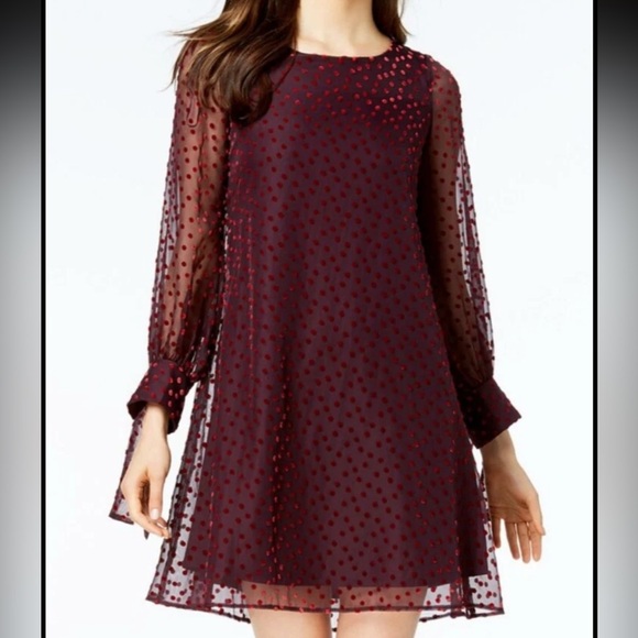 Taylor Burgundy Maroon Red Polka Velvet Dot Long Sleeve Shift Dress - Picture 2 of 8